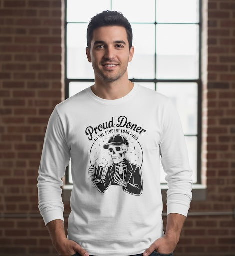 Proud Doner Long Sleeve Tee, Halloween Shirt, Gift for Students, Funny Skeleton Apparel, Unisex Party Top
