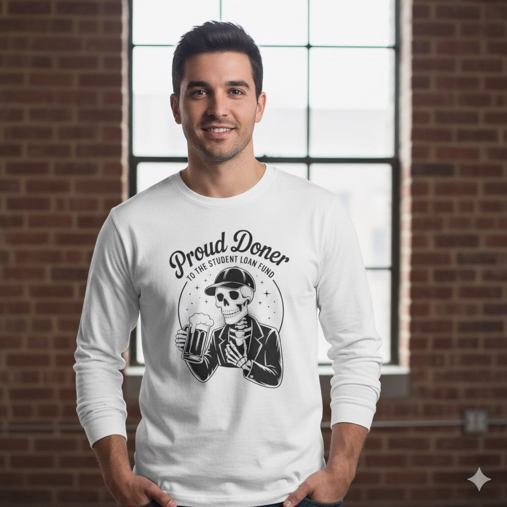 Proud Doner Long Sleeve Tee, Halloween Shirt, Gift for Students, Funny Skeleton Apparel, Unisex Party Top